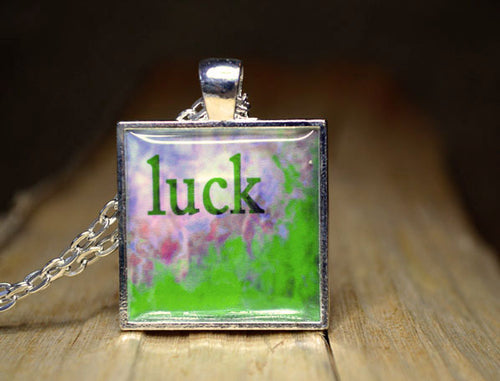 LUCK - Green Word Art Necklace, silver-plated, abstract, handmade