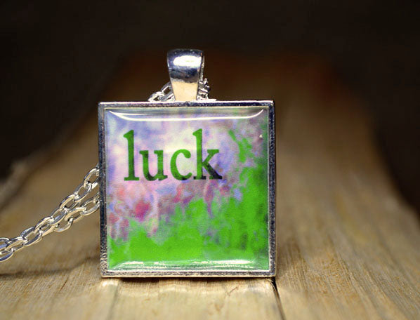 LUCK - Green Word Art Necklace, silver-plated, abstract, handmade