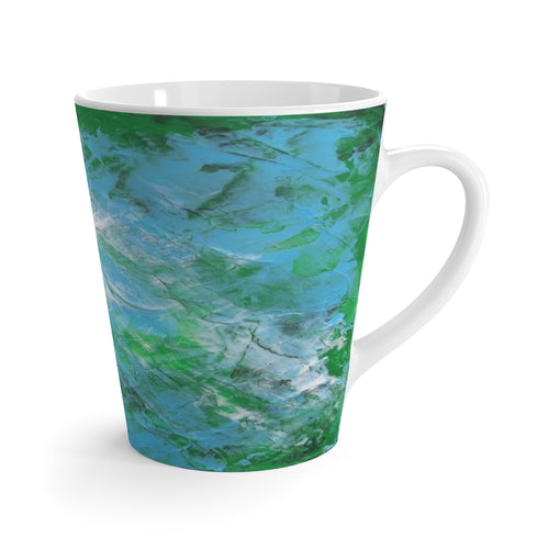 Coffee LATTE MUG 12 oz printed with light blue & green abstract art