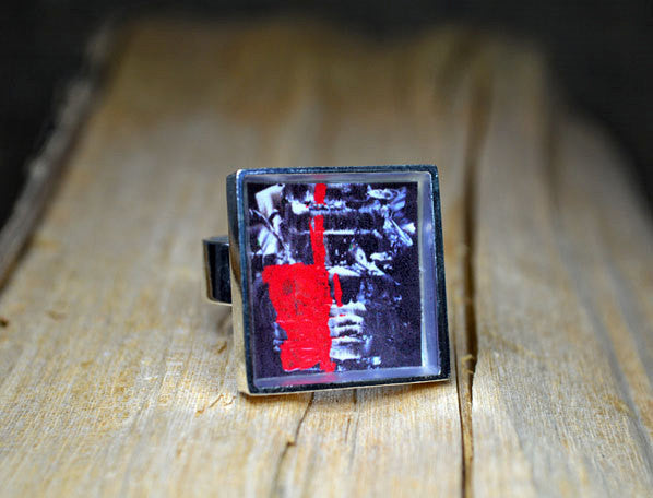 ONE - Red Black and White Abstract Art Ring, handmade Unique Gifts, Wearable Art