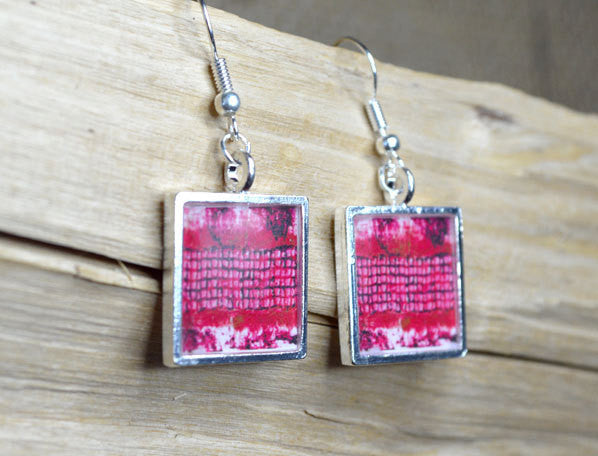 RASBERRY RED Earrings Square Dangle Earrings - handmade