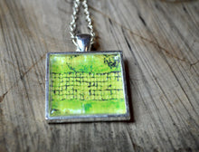 LIME GREEN Abstract Art Pendant, handmade, silver-plated